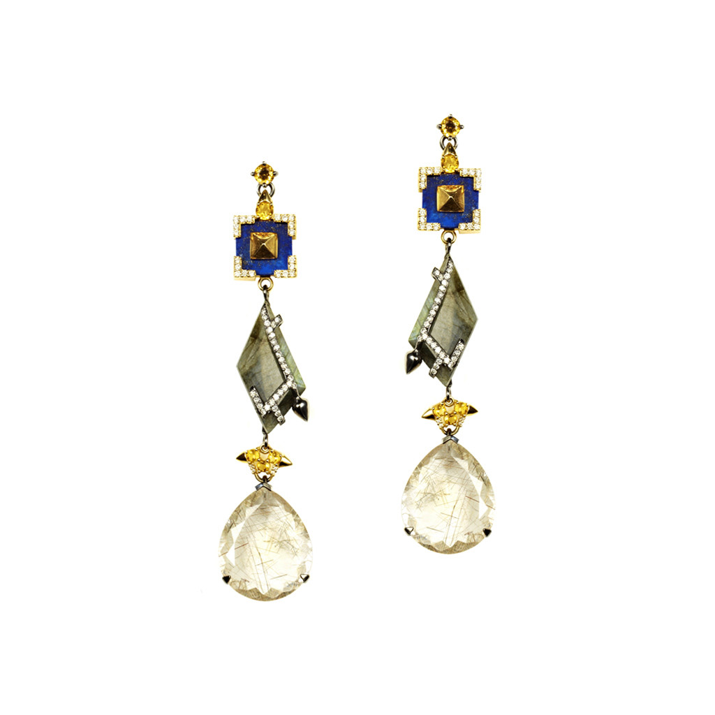 Rutilated Quartz, Lapis & Citrine Drop Earrings with Spikes