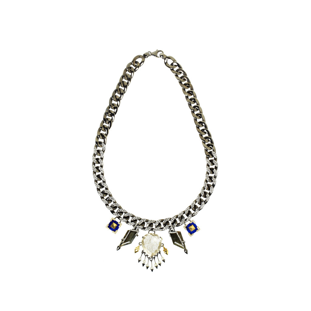 White Sapphire Pavé Biker Chain Necklace with Spike Gem Clusters