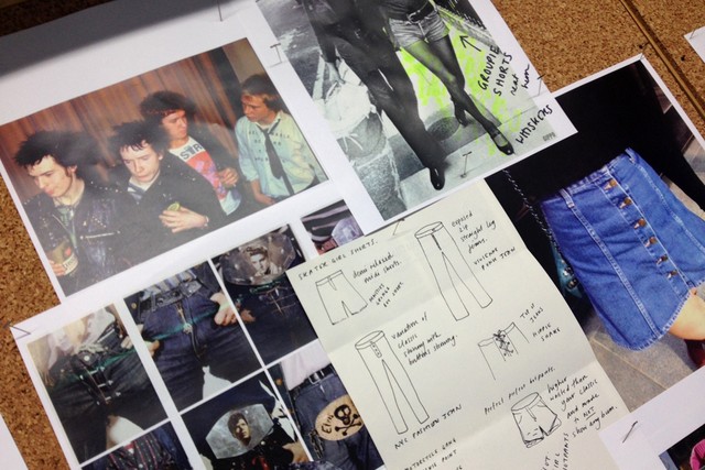 Sketches of Alexa Chung's designs atop an inspiration board for the collaboration with AG Adriano Goldschmied.