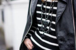 EJSTYLE-Zara-black-white-striped-jumper-sweater-leather-biker-jacket-Wallis-black-tassle-necklace-Givenchy-shark-tooth-necklace-OOTD-outfit-details