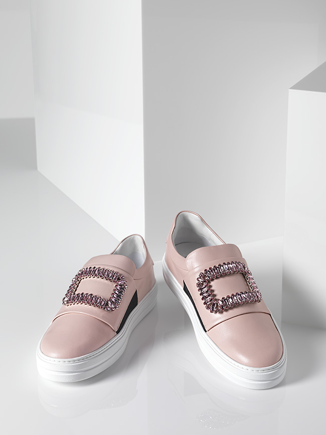 Roger Vivier Sneaky Viv’ Strass Sneaker in leather with crystal embellished Strass buckle and rubber outsole